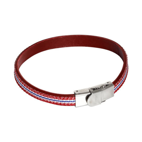 Bracciale in pelle naturale bordeaux ed inserti di nylon intrecciato rosso, bianco e blu Default Title