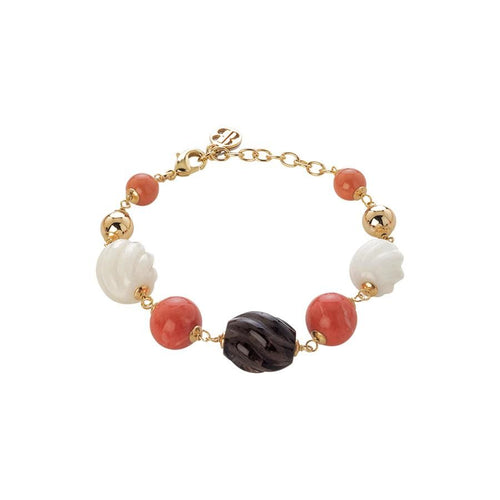 Bracciale con perle Swarovski coral e pietre agata white, agata white torchon e quarzo fumè torchon Default Title